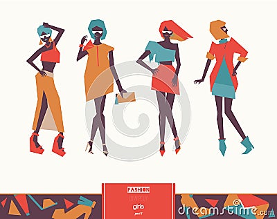 Set with beautiful stylish fashion girls posing. Vector geometric low poly illustration with vogue women silhouettes with bright c Cartoon Illustration