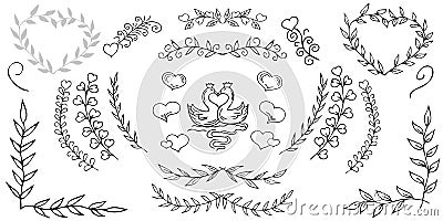 Set, beautiful stylized wedding, festive design for holiday invitations, cards, dividers, Vector Illustration