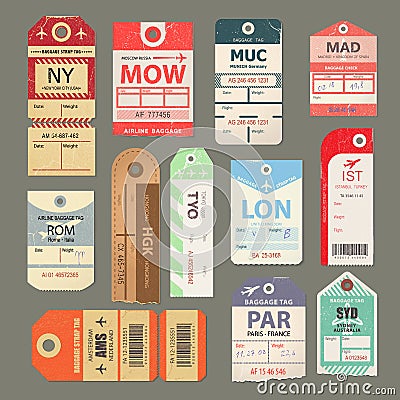 Set of beautiful vintage luggage tag, vintage retro travel label. Vector Illustration