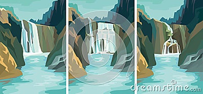 Set of beautiful waterfall landscapes. Vector Illustration