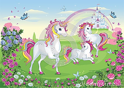 Set of beautiful white unicorns. Fairytale background with castle, rainbow. Fabulous flower meadow with horse, pony. Wonderland. Vector Illustration