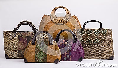 Set of beautiful wicker women handbags Stock Photo