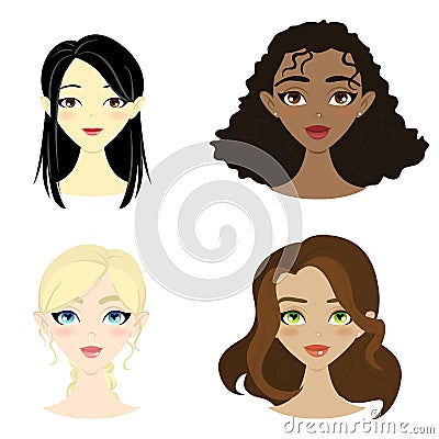 Set of beautiful women of different nation. Vector Illustration