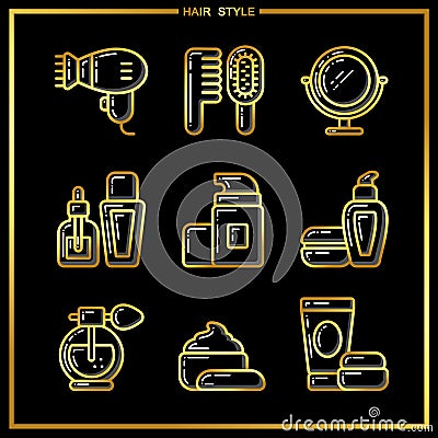 Set of beauty cosmetics icons drawn in gold lines on a black background_3 Vector Illustration