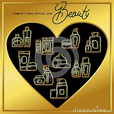 Set of beauty cosmetics icons drawn in gold lines on a black heart_2 Vector Illustration