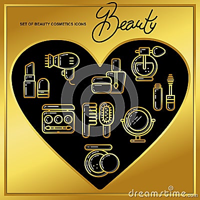 Set of beauty cosmetics icons drawn in gold lines on a black heart_1 Vector Illustration