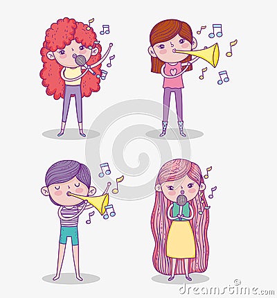 Set beauty girls play trumpet instrument and singing Vector Illustration