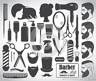 Set of beauty hair salon or barbershop accessories icons Vector Illustration