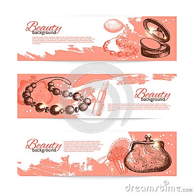 Set of beauty sketch banners. Vintage hand drawn vector illustration of cosmetic accessories Vector Illustration