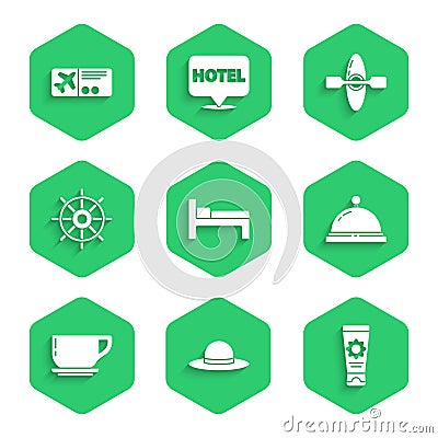 Set Bed, Elegant women hat, Sunscreen cream in tube, Hotel service bell, Coffee cup, Ship steering wheel, Kayak or canoe Stock Photo