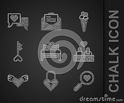 Set Bedroom, Castle in the shape of a heart, Search and love, Couple, Heart with wings, Key, Ice cream waffle cone and Vector Illustration