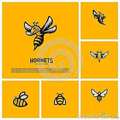 Set of Bee logo design vector. Hornets logo template. Icon symbol Vector Illustration