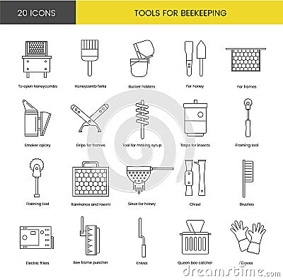 A set of beekeeper tools icons includes gloves and queen bee catcher, knives and bee frame puncher, electric fillers and Vector Illustration