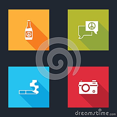 Set Beer bottle, Speech bubble chat, Cigarette and Photo camera icon. Vector Stock Photo