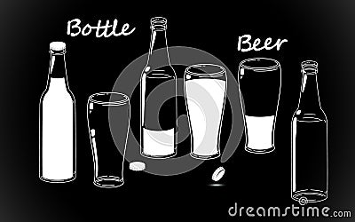 Set beer bottles, retro line drawing glass silhouettes, old fashioned vintage hand drawing on black background. Vector Vector Illustration