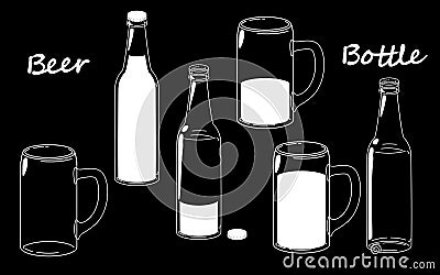 Set beer bottles, retro line drawing glass silhouettes, old fashioned vintage hand drawing on black background. Vector Vector Illustration