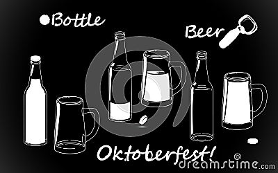 Set beer bottles, retro line drawing glass silhouettes, old fashioned vintage hand drawing on black background. Vector Vector Illustration