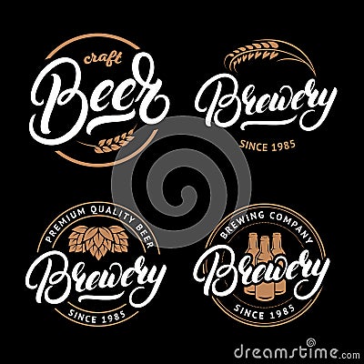 Set of Beer and Brewery hand written lettering logo, label, badge, emblem for pub Vector Illustration