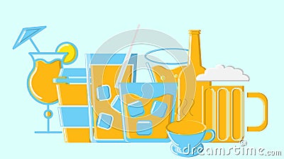 Set of beer glasses and alcohol drinks cocktails coffee and tea. Vector illustration Vector Illustration