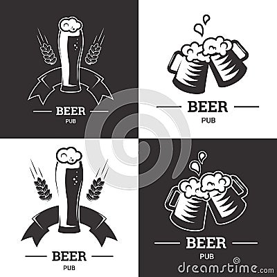 Set of beer insignia logos with glassware on white background. Vintage ale and lager emblem, brewery. Vector Vector Illustration