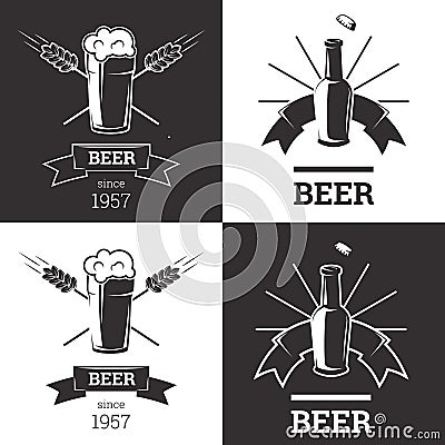 Set of beer insignia logos with glassware on white background. Vintage ale and lager emblem, brewery. Vector Vector Illustration