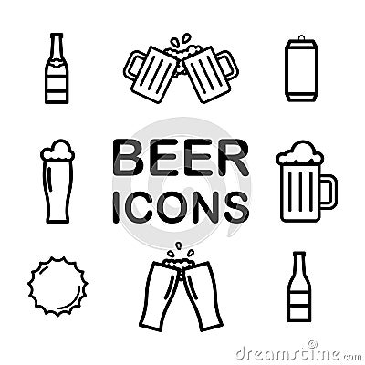 Set of Beer line icons. Alchohol, drink, pint, glass, bottle, can. Vector Vector Illustration