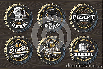 Set beer logo on caps - vector illustration, emblem brewery design Vector Illustration