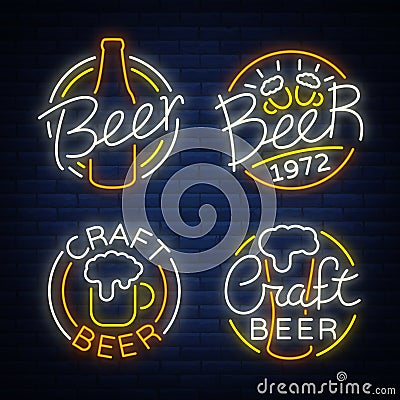 Set of beer logo, neon signs, logos of emblem in neon style, vector illustration. For the beer house bar pub, brewery Vector Illustration