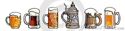Set of beer mugs. Octoberfest stein. Old wooden mug. German stein. Dimpled beer pint.. Vector illustration isolated on white Vector Illustration