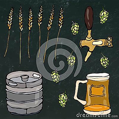 Set of Beer Objects: Hop, Malt, Mug, Tap, Keg. on a Black Chalkboard Background. Realistic Doodle Cartoon Style Vector Illustration