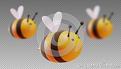 A set of bees in focus and out of focus. Two blur step. Cartoon style. 3D illustration. Vector Vector Illustration
