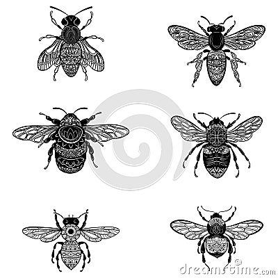 Set of bees in zentangle style. Collection of flies with ornaments. Black and white vector illustration of stylized Vector Illustration