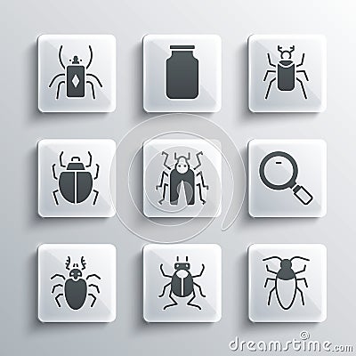 Set Beetle bug, Cockroach, Magnifying glass, deer, Mite, and icon. Vector Vector Illustration