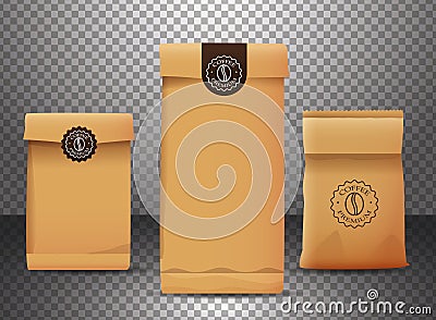 Set of beige elegant coffee bags packings products Vector Illustration