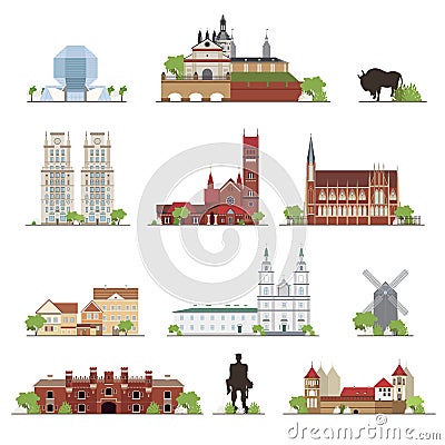 Set of Belarus country buildings, famous places in flat style. illustration collection. Vector Illustration