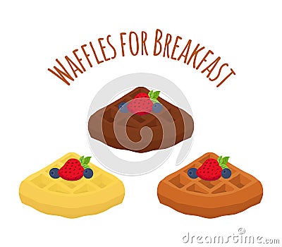 Set of belgian waffles - chocolate, cream and berries. Flat style. Vector Illustration