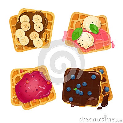 Set of belgian waffles with various toppings Vector Illustration