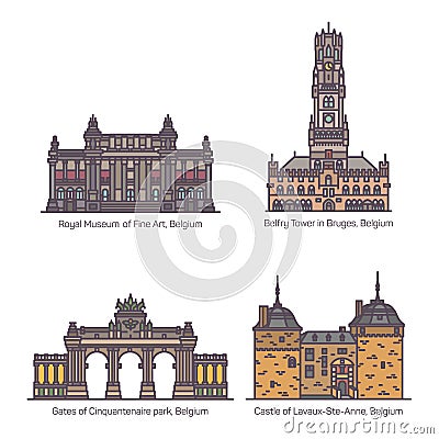 Set of Belgium or belgian architecture landmarks Vector Illustration