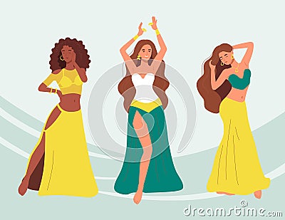 Set of belly dancers women in oriental dresses with long hairs. Professional arabian dance perfomance by young beautiful Vector Illustration