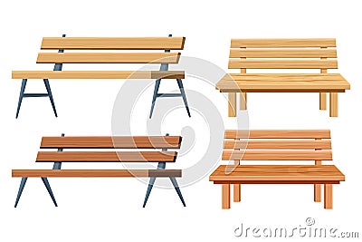 Set of benches, park or garden decorations in cartoon style isolated on white background, wooden detailed and textured Vector Illustration