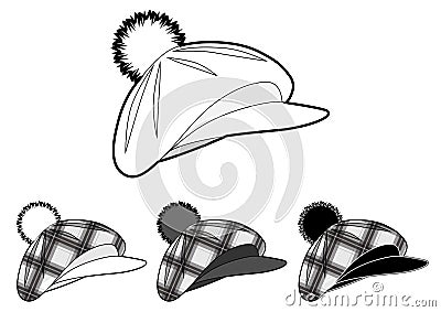 Set of berets with a pompom and a visor. Checkered pattern. Stock Photo