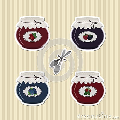 Set of Berry Jam and Spoons Stickers Vector Illustration