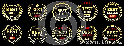 Set best seller 2021 award label icon design with gold laurel wreath, best seller badge logo isolated - vector Vector Illustration