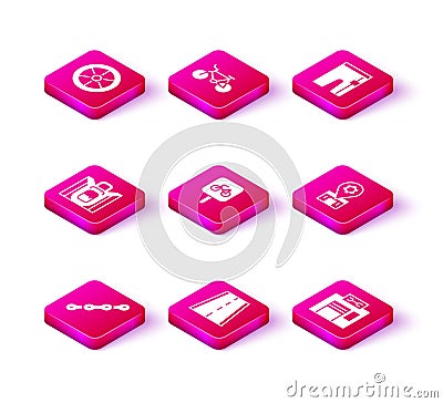 Set Bicycle chain, lane, Hiking backpack, parking, repair service, Cycling shorts and icon. Vector Vector Illustration