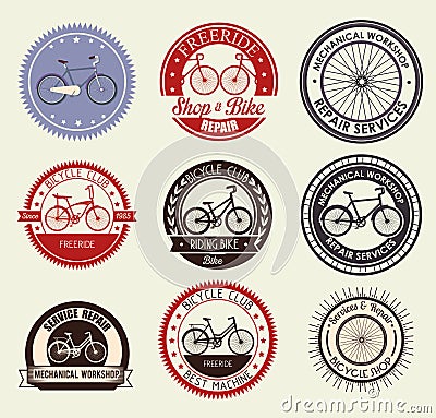 Set bicycle emblem with shop and mechanical service Vector Illustration