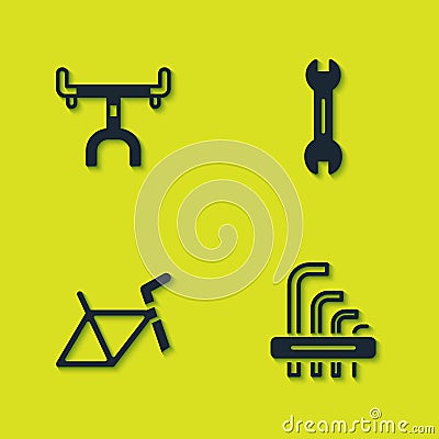 Set Bicycle handlebar, Tool allen keys, frame and Wrench spanner icon. Vector Stock Photo