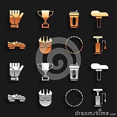 Set Bicycle helmet, seat, air pump, wheel, shoes, Sport bottle with water, Gloves and Award cup bicycle icon. Vector Vector Illustration