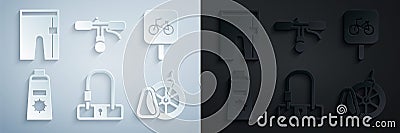 Set Bicycle lock, parking, Sunscreen cream tube, handlebar and Cycling shorts icon. Vector Vector Illustration