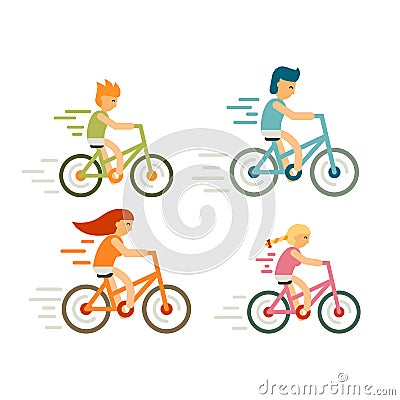 Set of bicycle rider in flat style. Modern family, leisure, holidays and activities, cycle race, distillation, moving Vector Illustration