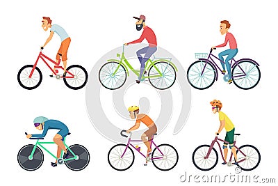 Set of bicycle sportsmen. Cartoon characters driving various bikes Vector Illustration